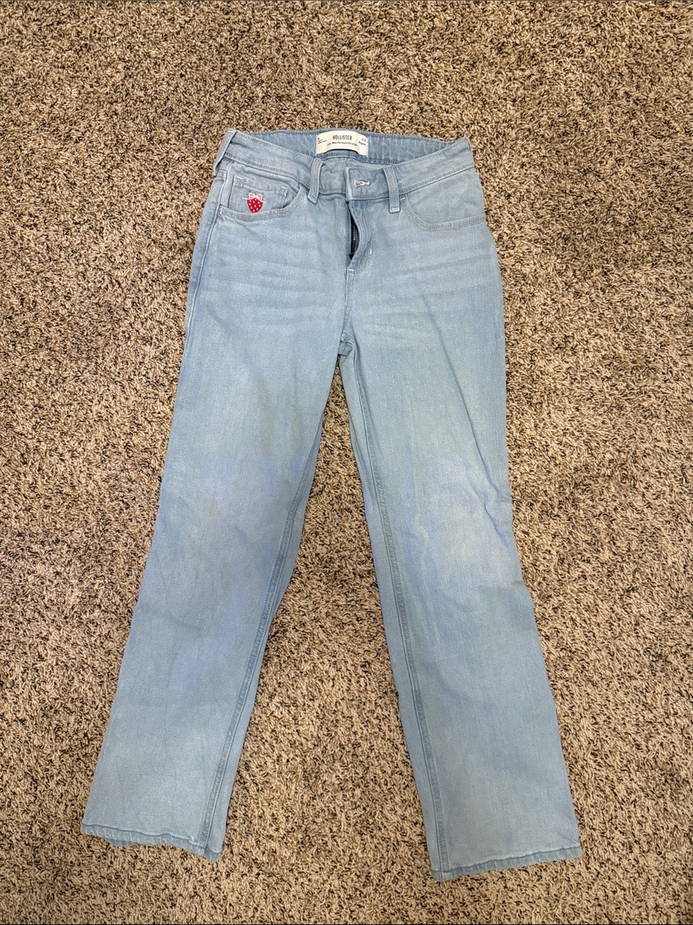 Hollister Light Blue Relaxed Straight Jeans with Strawberry Patch